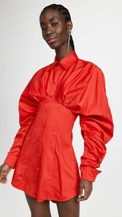 Promo ???? Aliette Puff Sleeve Button Down ???? Dress Red ????