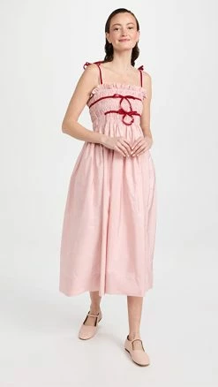 Discount ❤️ Molly Goddard Taffeta Shiirred Midi ???? Dress With Velvet Tie Pink/Red ✔️