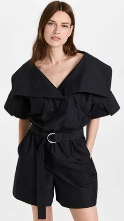 New ???? 3.1 Phillip Lim Cotton Poplin Belted Utility Romper Black ⌛