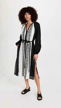 Best Sale ???? Tory Burch Embroidered Caftan Black/Ivory ????